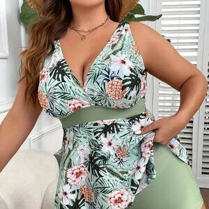 Women's Plus Size 2Pc Tropical Print Summer Tankini Bathing Suit Set  16W - 18W